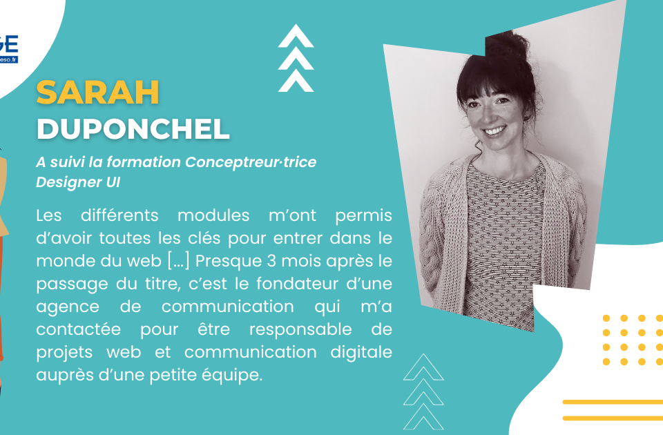 Portrait de Sarah Duponchel, ancienne apprenante de la formation Concepteur·trice Designer Web UI
